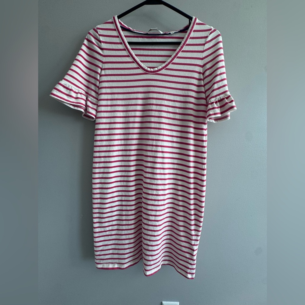 Boden Pink & White Striped Cotton tee shirt dress with ruffle sleeves size 4R